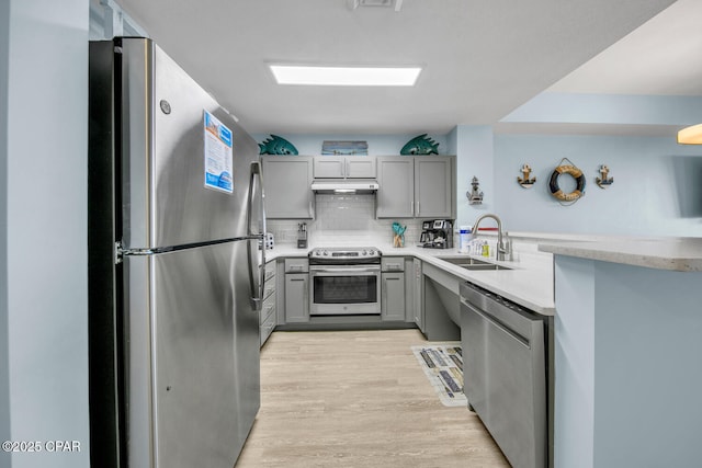 kitchen with backsplash, gray cabinetry, under cabinet range hood, appliances with stainless steel finishes, and a sink