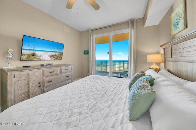 bedroom with access to exterior, visible vents, and ceiling fan