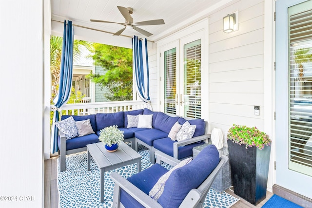 view of patio / terrace with an outdoor living space and a ceiling fan