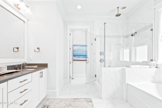 full bathroom featuring vanity, ornamental molding, a shower stall, a bath, and marble finish floor