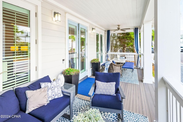 exterior space with wooden ceiling and a ceiling fan