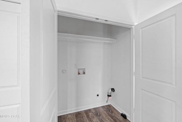 clothes washing area featuring baseboards, washer hookup, laundry area, electric dryer hookup, and dark wood-style flooring