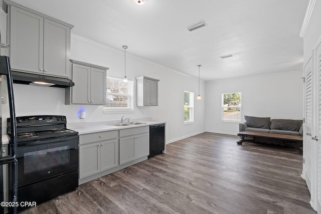 kitchen featuring visible vents, dark wood finished floors, gray cabinets, black appliances, and under cabinet range hood