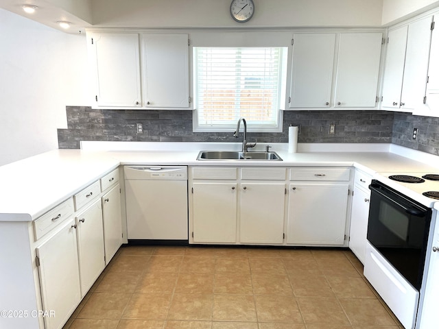 kitchen with electric stove, a sink, light countertops, decorative backsplash, and dishwasher