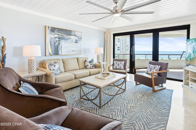 living area featuring ceiling fan, light tile patterned flooring, wood ceiling, and ornamental molding