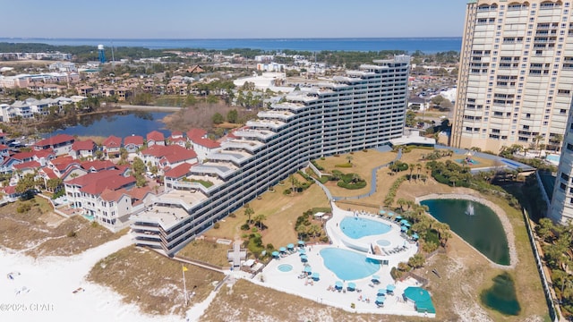 aerial view featuring a water view