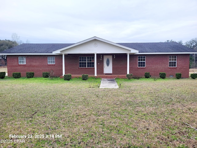 ranch-style house with crawl space, a front yard, and brick siding