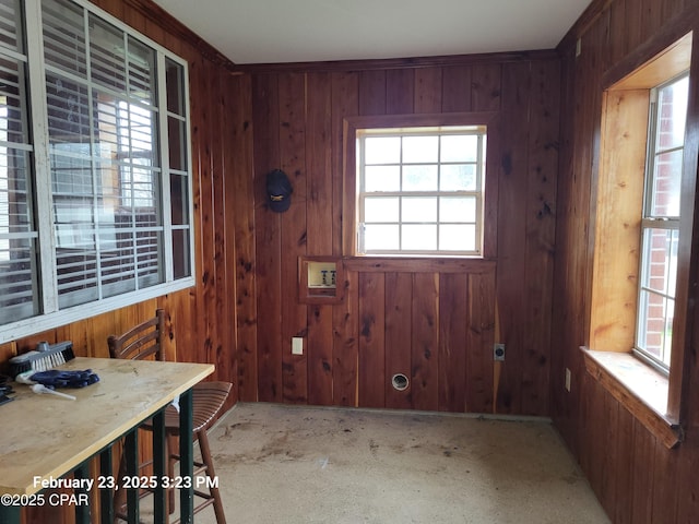 doorway to outside featuring wooden walls and carpet floors