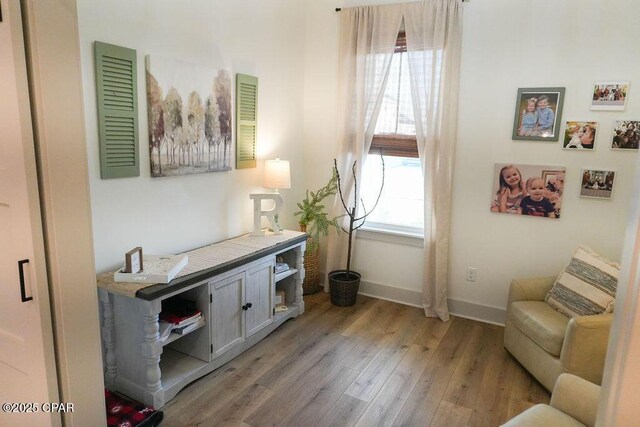 living area featuring baseboards and light wood-style floors