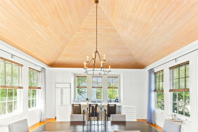 239 Sand Oaks Cir, Santa Rosa Beach, FL 32459 - dining area featuring lofted ceiling, wood ceiling, and a chandelier
