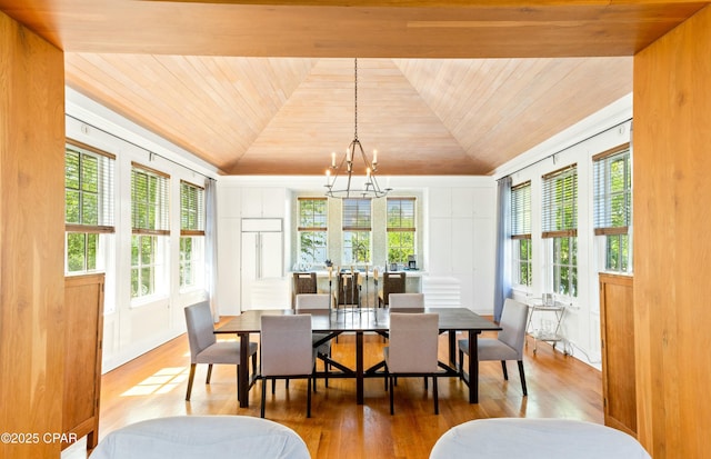 239 Sand Oaks Cir, Santa Rosa Beach, FL 32459 - dining room featuring a chandelier, wooden ceiling, lofted ceiling, and wood finished floors