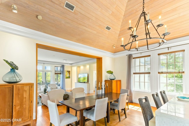 239 Sand Oaks Cir, Santa Rosa Beach, FL 32459 - dining room with crown molding, vaulted ceiling, visible vents, and a chandelier