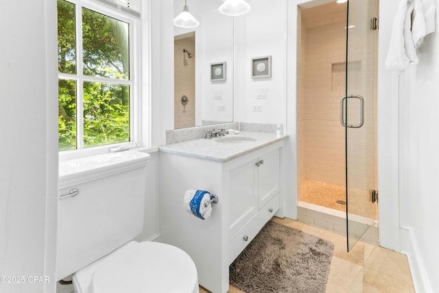 239 Sand Oaks Cir, Santa Rosa Beach, FL 32459 - bathroom featuring tile patterned floors, a shower stall, toilet, and vanity