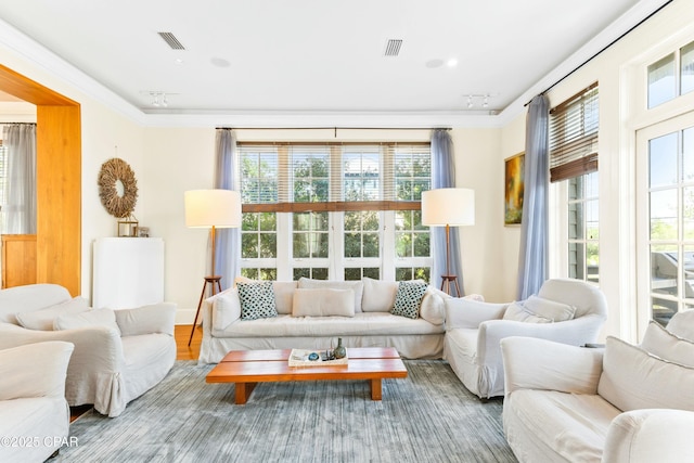239 Sand Oaks Cir, Santa Rosa Beach, FL 32459 - living area featuring visible vents and crown molding
