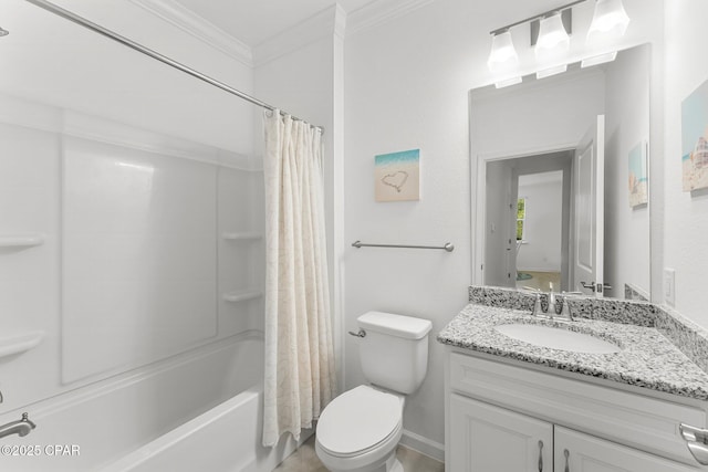 bathroom featuring shower / bathtub combination with curtain, toilet, vanity, and ornamental molding