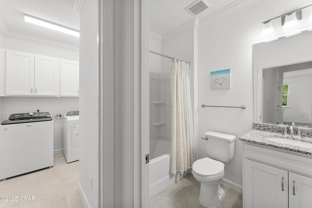 bathroom with visible vents, separate washer and dryer, crown molding, and toilet