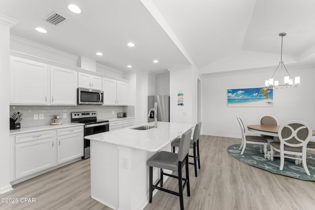 kitchen with visible vents, light wood-style flooring, a sink, appliances with stainless steel finishes, and backsplash