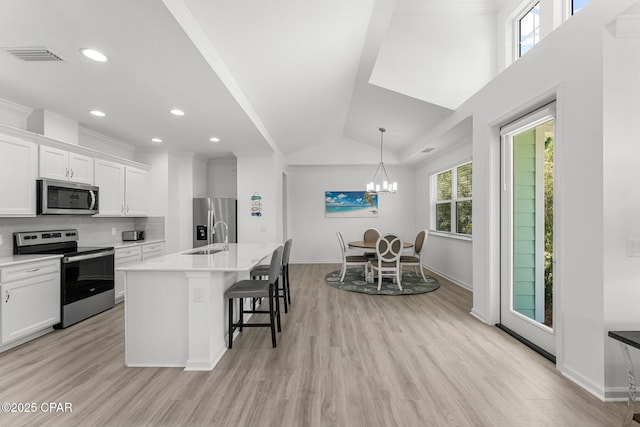 kitchen with visible vents, a breakfast bar, white cabinets, stainless steel appliances, and a sink