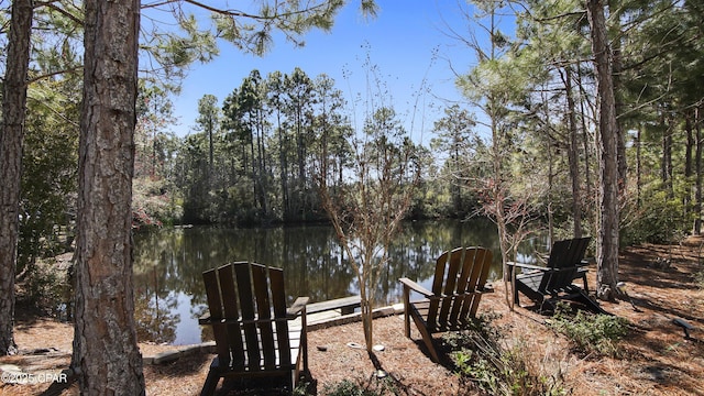 view of dock with a view of trees and a water view