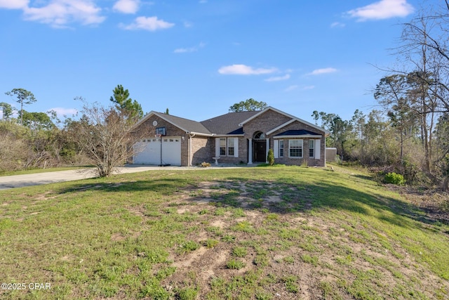 ranch-style home with concrete driveway, an attached garage, brick siding, and a front yard