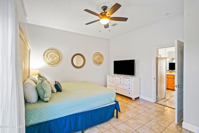 bedroom with light tile patterned floors, visible vents, baseboards, and a ceiling fan