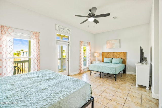 bedroom with access to outside, light tile patterned floors, baseboards, and visible vents