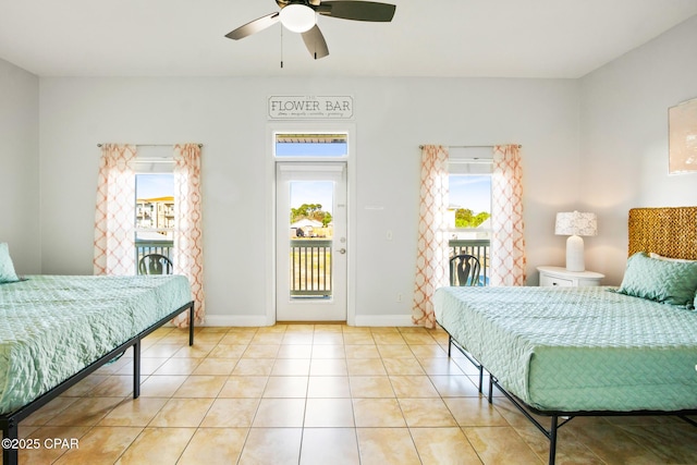 tiled bedroom featuring baseboards, a ceiling fan, and access to outside