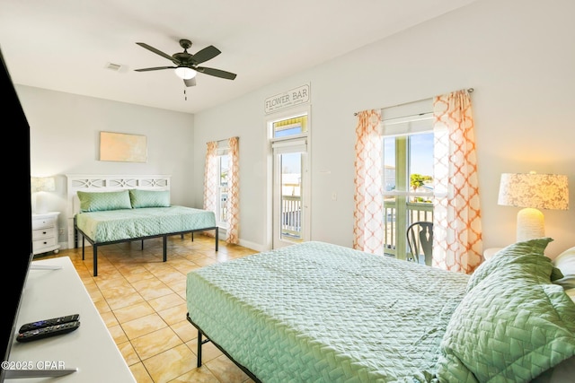 bedroom with light tile patterned floors, visible vents, access to exterior, and a ceiling fan