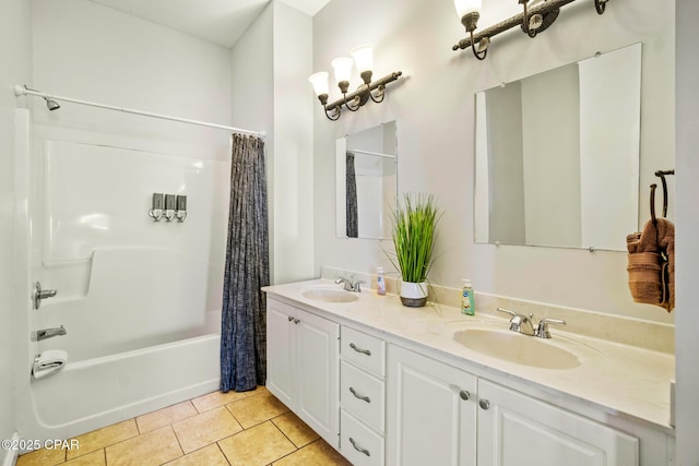 bathroom with tile patterned flooring, double vanity, shower / bath combination with curtain, and a sink