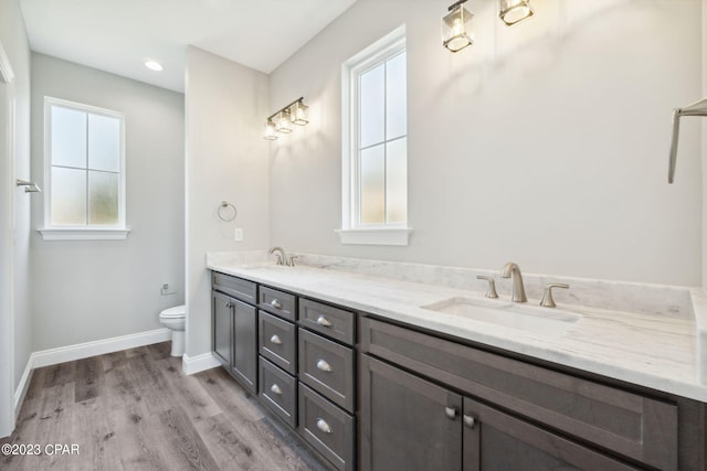 bathroom with double vanity, a sink, toilet, and wood finished floors