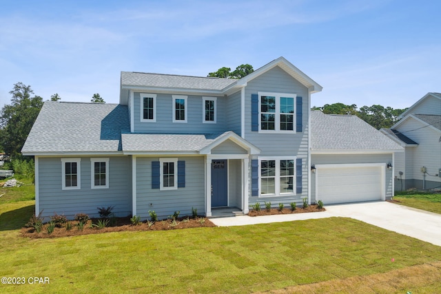 view of front facade featuring a front lawn, a shingled roof, an attached garage, and concrete driveway