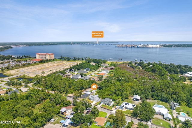 drone / aerial view with a water view