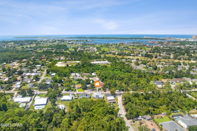 aerial view featuring a water view