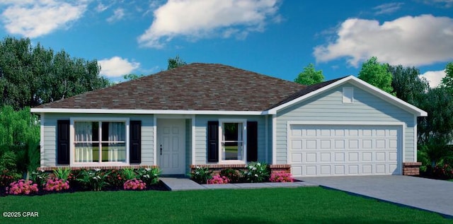 view of front of home featuring roof with shingles, concrete driveway, a front yard, a garage, and brick siding