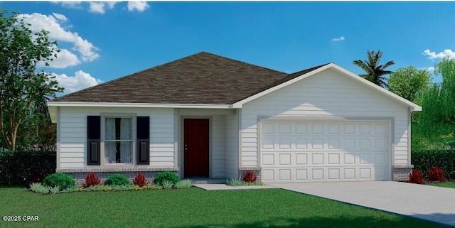 single story home featuring brick siding, an attached garage, concrete driveway, and a front yard