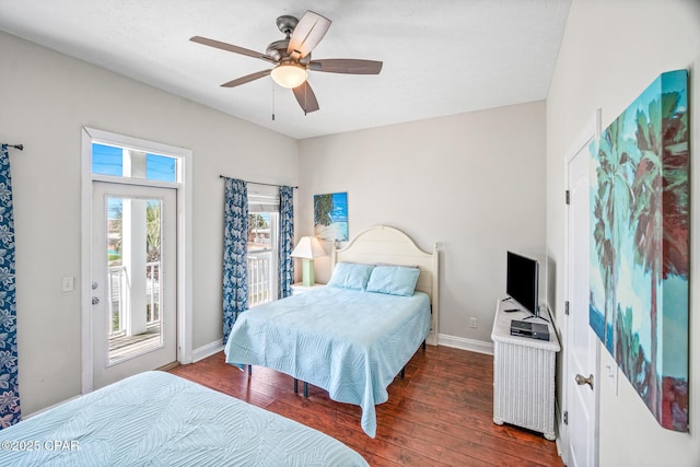 bedroom with ceiling fan, baseboards, access to exterior, and dark wood finished floors