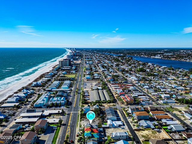 bird's eye view with a view of the beach and a water view