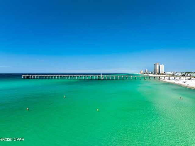 property view of water with a pier and a beach view