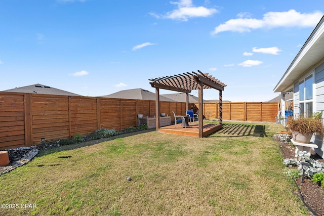 view of yard featuring a pergola and a fenced backyard