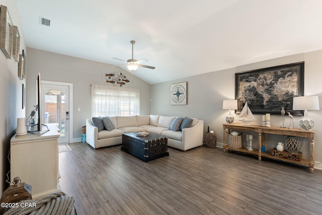 living room with visible vents, baseboards, lofted ceiling, wood finished floors, and a ceiling fan