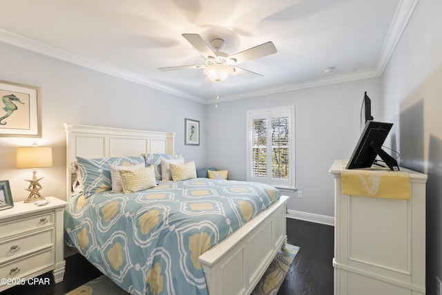 bedroom featuring ceiling fan, baseboards, dark wood finished floors, and ornamental molding