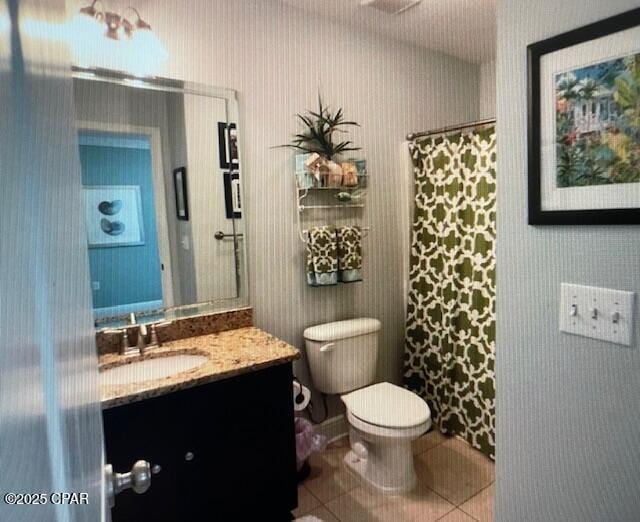 full bath featuring wallpapered walls, toilet, a shower with curtain, tile patterned floors, and vanity