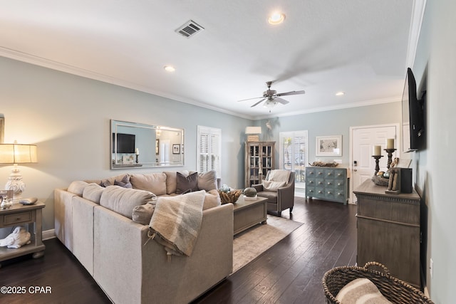 living room featuring visible vents, a ceiling fan, recessed lighting, crown molding, and dark wood-style flooring