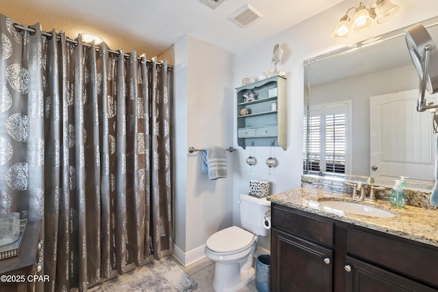 full bath featuring visible vents, toilet, curtained shower, tile patterned flooring, and vanity