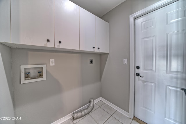 laundry room featuring hookup for a washing machine, light tile patterned floors, baseboards, cabinet space, and electric dryer hookup