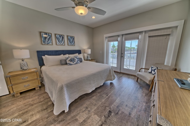 bedroom with access to outside, recessed lighting, wood finished floors, and ceiling fan