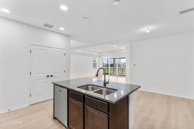 kitchen featuring dark stone countertops, visible vents, an island with sink, a sink, and dishwasher