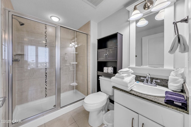 bathroom featuring vanity, visible vents, tile patterned flooring, a shower stall, and toilet