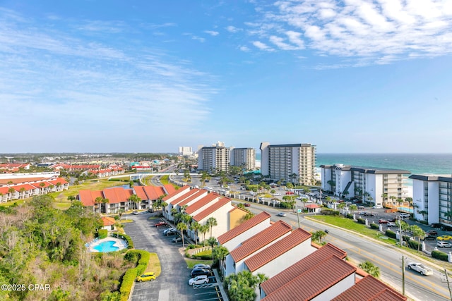 drone / aerial view with a view of city and a water view