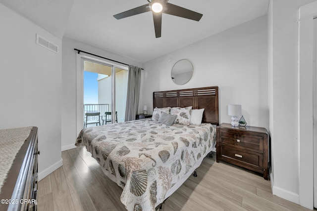 bedroom featuring light wood-type flooring, visible vents, baseboards, and access to outside